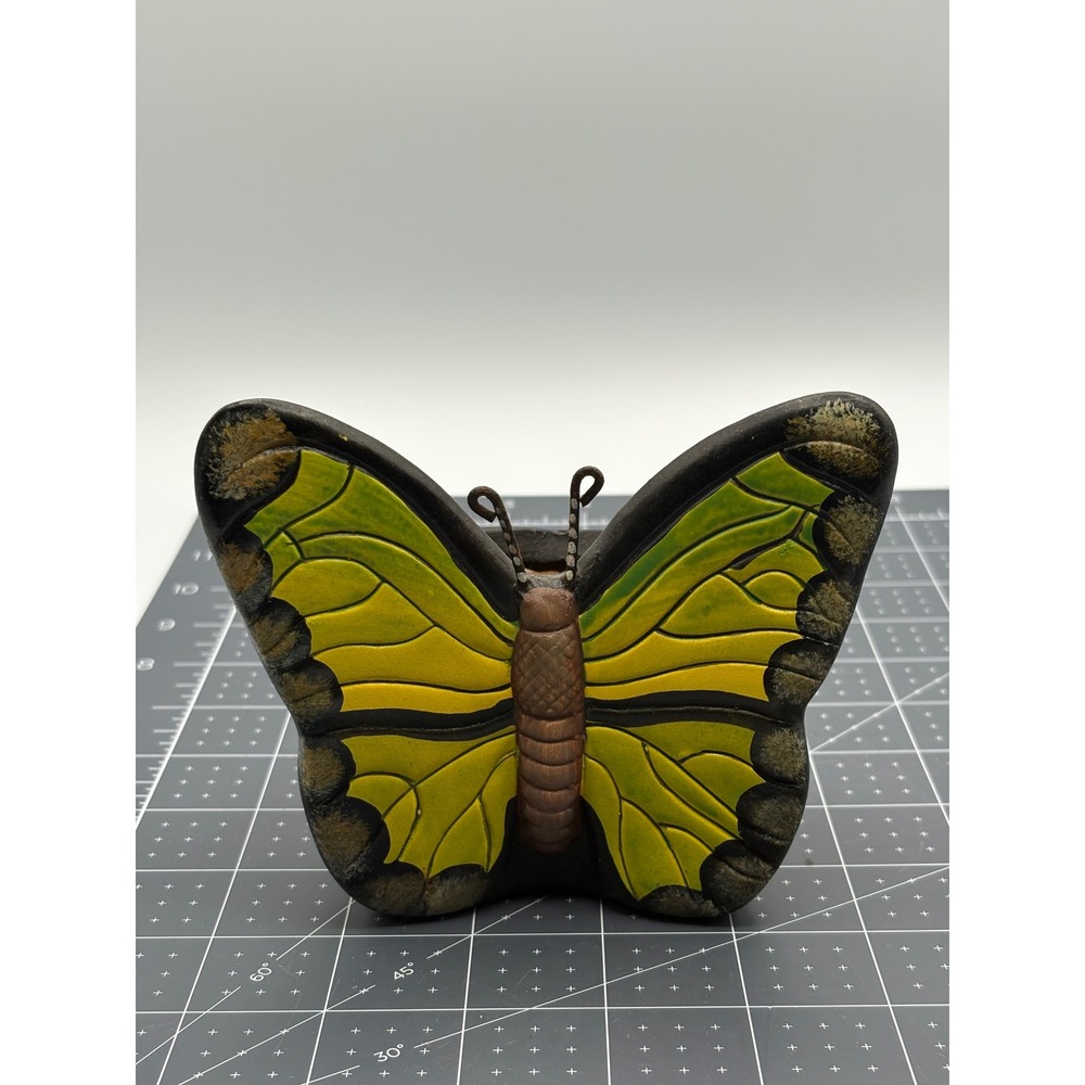 Handmade Clay Butterfly Candle Holder Yellow Green Painted Wings Rustic Decor